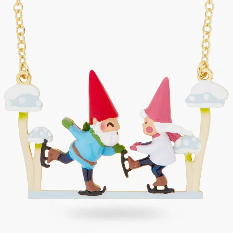 

New French Handmade Enamel Two Dwarfs Lovers Skating Frolic, Snow Tree, Mushroom, Father Christmas Pendant Necklace for Children