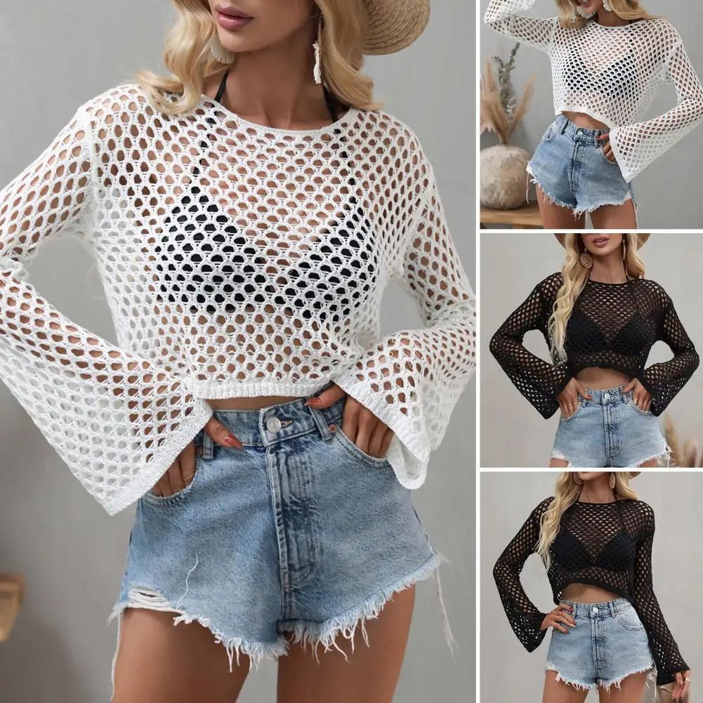 Mulheres bikini cobrir malha verão praia pulôver cor sólida em torno do pescoço sino manga pulôver beachwear para férias