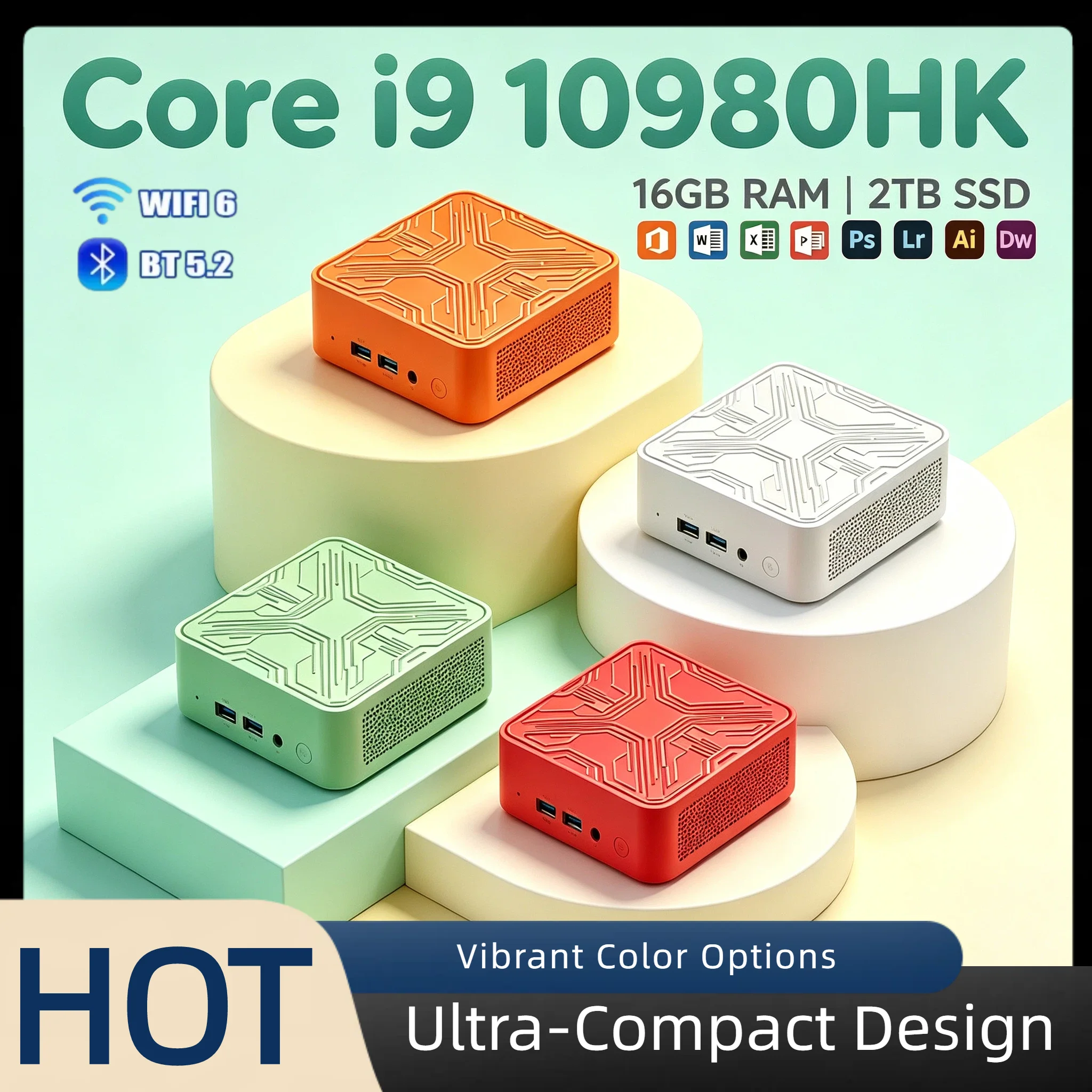 Intel i9-10980HK Mini Desktop 16GB DDR4 2TB NVMe SSD Triple 4K Output WiFi6 BT5.2 Silent Cooling Home Office Pro