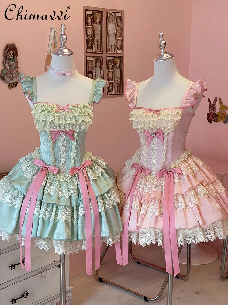 

Japanese Sweet Cute Lolita JSK Dress Lace Splicing Bow Square Neck Flying Sleeve High Waist Slim Fit Cake Short Dress For Women