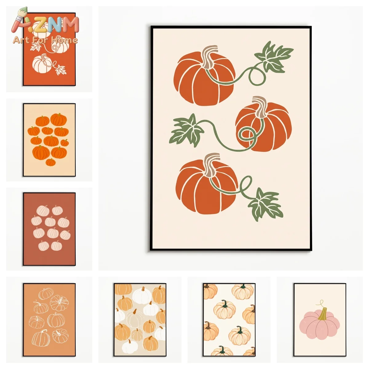 AZNM Boho Minimalist Pumpkin Line Art Canvas Wall Prints Warm Earth Tone Fall Autumn Home Bedroom Decor Unframed Canvas Art Pain