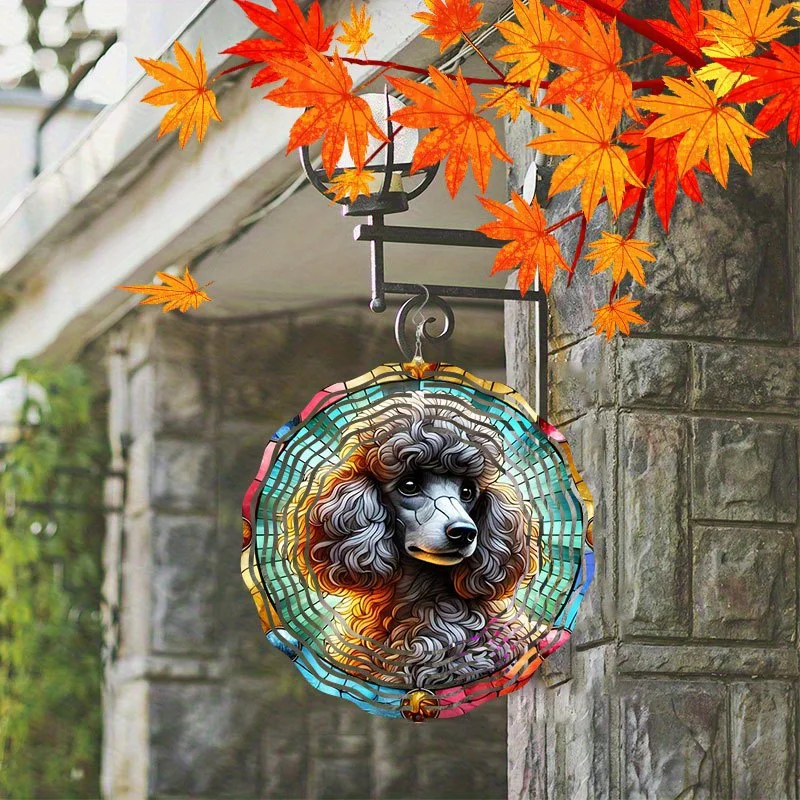 2D Flat Metal Poodle Dog Wind Spinner Suncatcher Stained Glass Wind Chime,  Boho Style Indoor Durable Metal Chime, Dog Decor