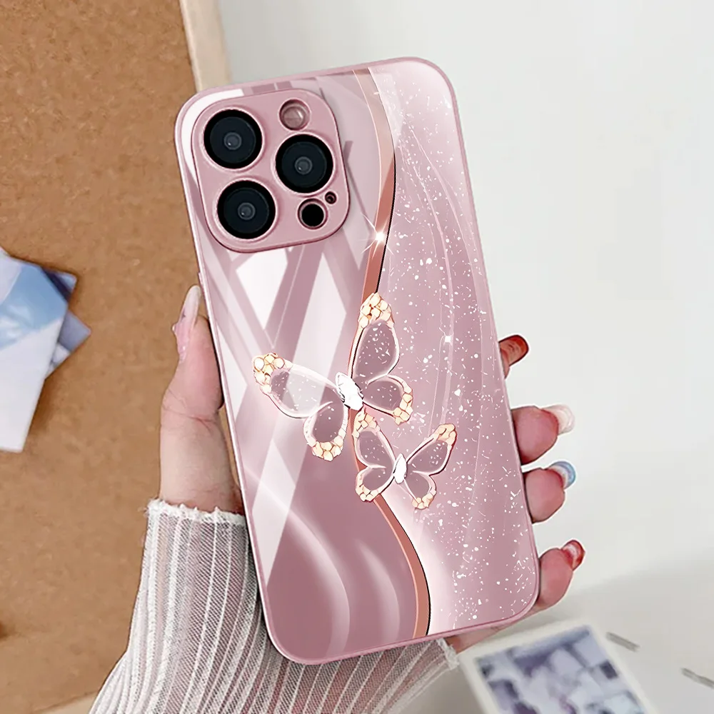 Coque de téléphone papillon à motif de marbre, étui en verre trempé pour iPhone 17 11 15 13 16 12 14 Pro Max 17 Air 16E SE 2022 7 8 Plus XR