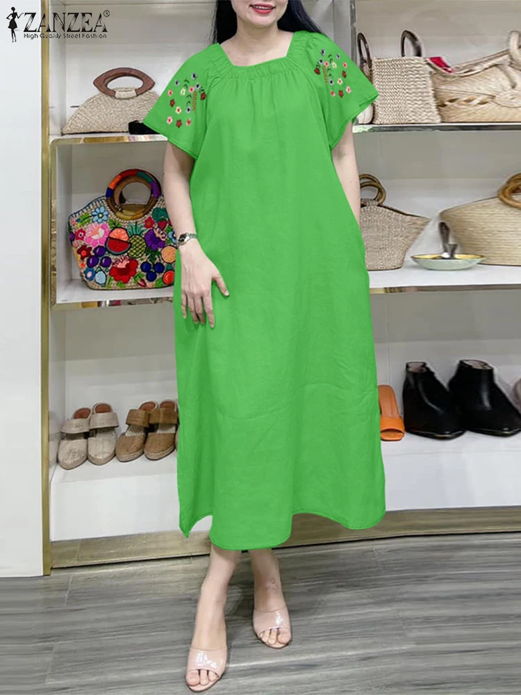 

ZANZEA Woman Fashion Floral Embroidery Midi Dresses Summer Casual Loose Short Sleeve Square Neck A-line Robes Day Wear Dress