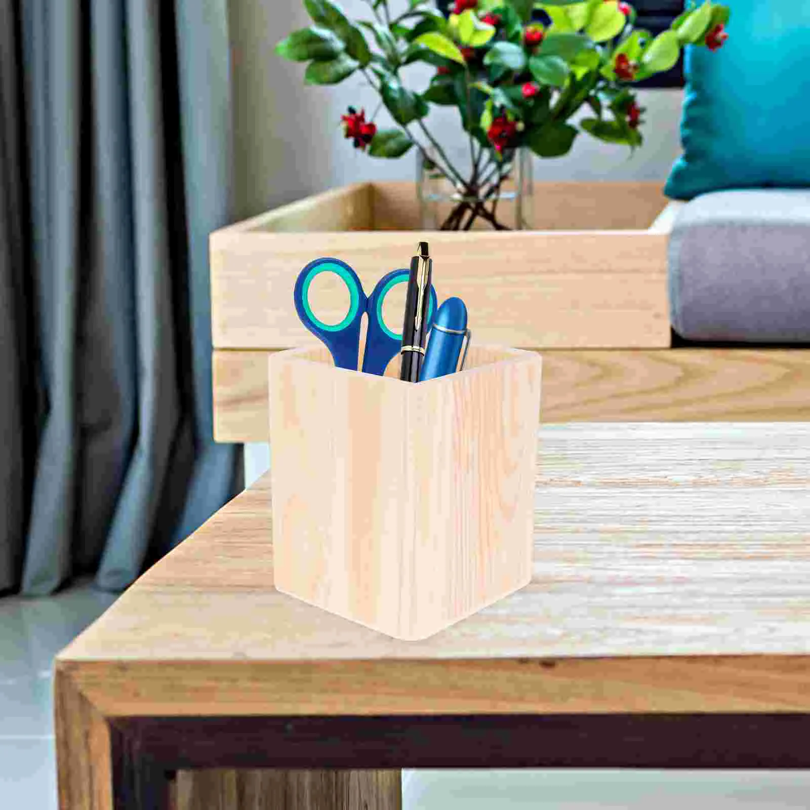 2 Pcs Pencil Holder Wooden Pot Stationery Makeup Brush Container Bamboo Office Fountain