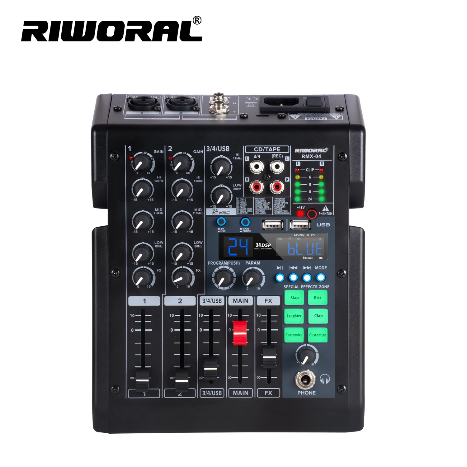 

RMX-04 Professional 4-Channel Audio Mixer Console with 6 Types of Sound Card Effects