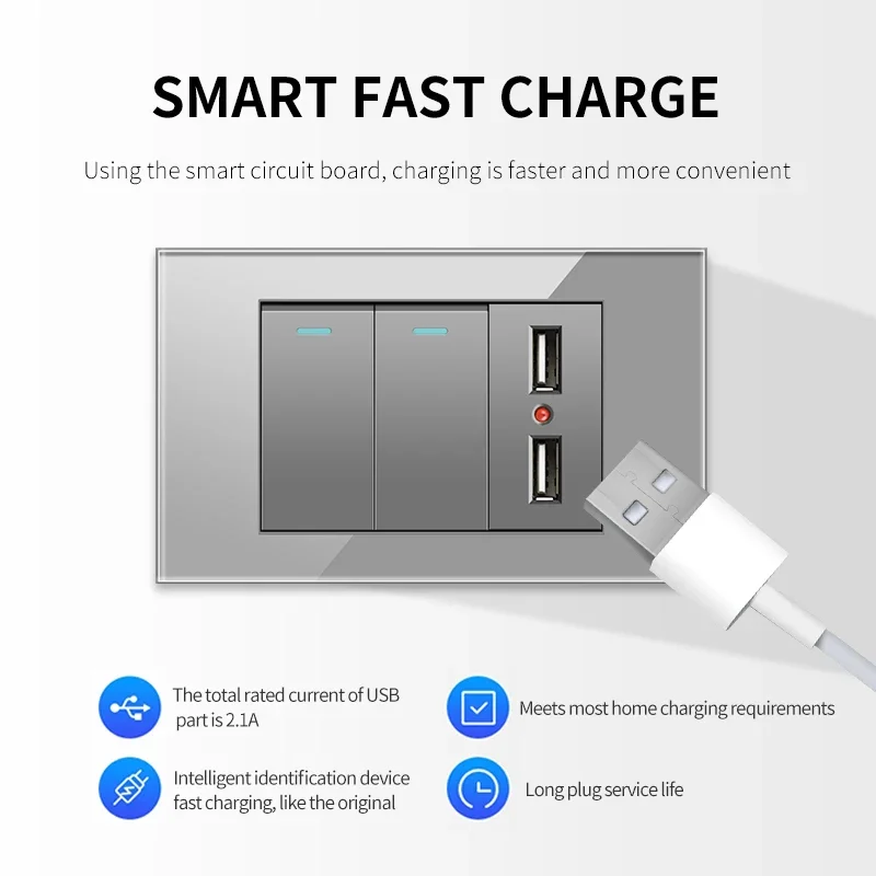 118mm Tempered Glass/PC Panel EU UN BR Power Socket And Wall Switch Module DIY USB Type-C Computer Free Combination Function