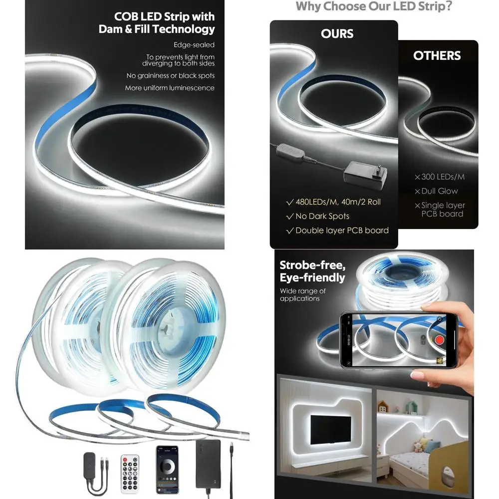 

24V 131.2FT 480LED/m High Density White COB LED Strip Light, 6500K Daylight, Dimmable for Bedroom, Cabinet & Party Decor