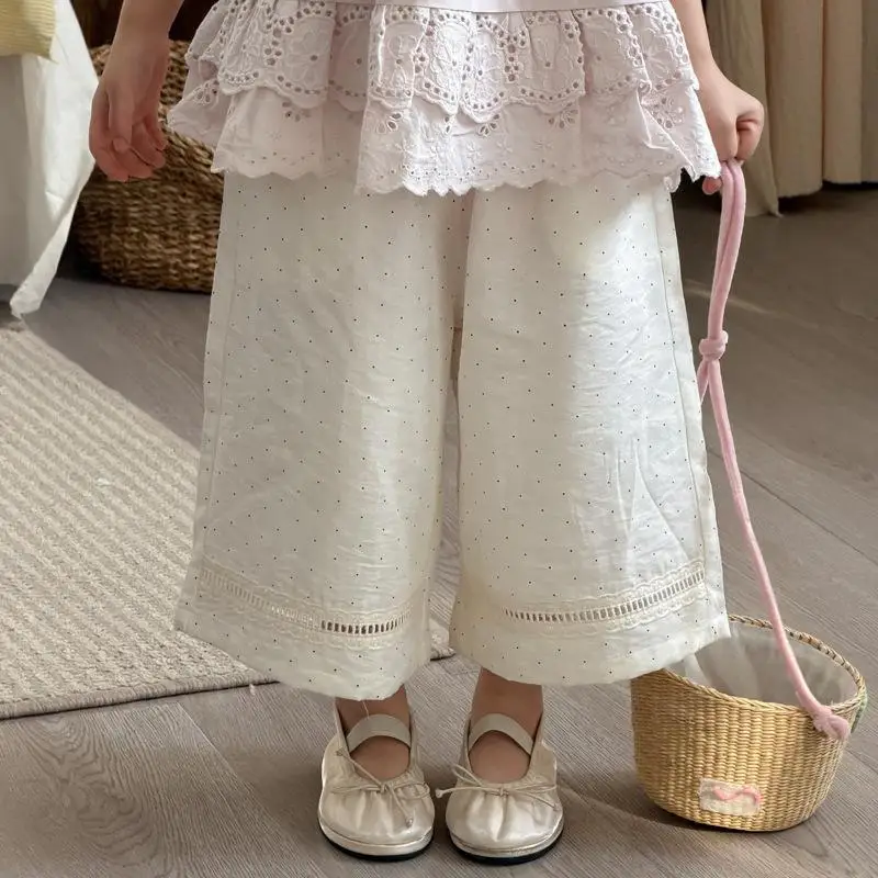 2026 Summer New Girls Cute Polka Dot Splicing Lace Wide Leg Pants Toddler Cotton Trousers Children Casual Pants Kids Clothes