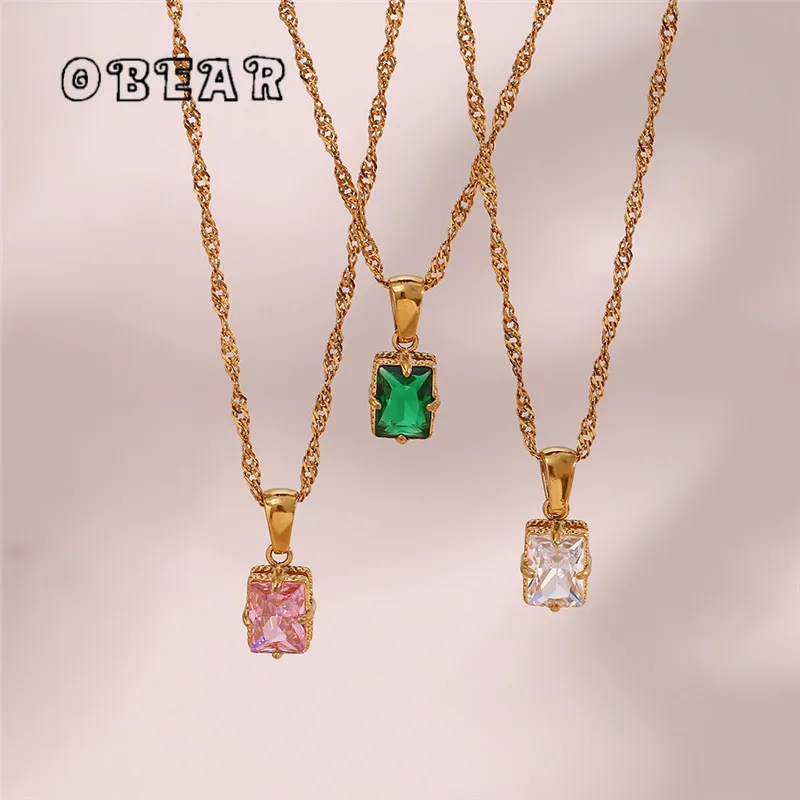 

Simple Colorful Zircon Geometric Pendant Necklace Women Stainless Steel Plating 18K Gold Vintage Luxury Banquet Gift Jewelry