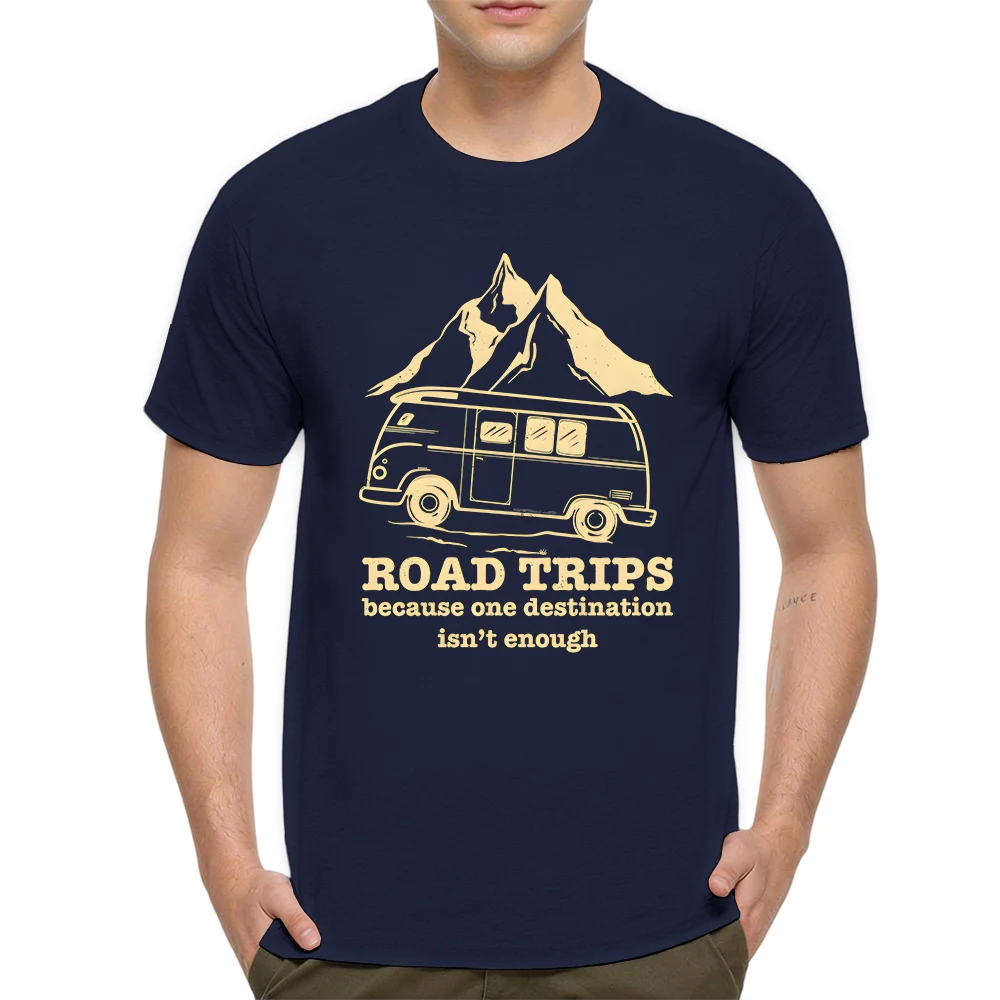 New Summer Mens 100% Cotton T Shirt Road Trips Camper Van Mountain Vintage Line Print Breathable Short Sleeve Daily Wear