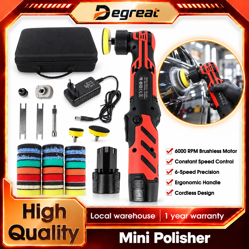 Degreat 12V Akku-Mini-Autopolierer, 6-stufig einstellbar, 3 Wellen, zentrale Achsen, zum Polieren von Autos und Möbeln