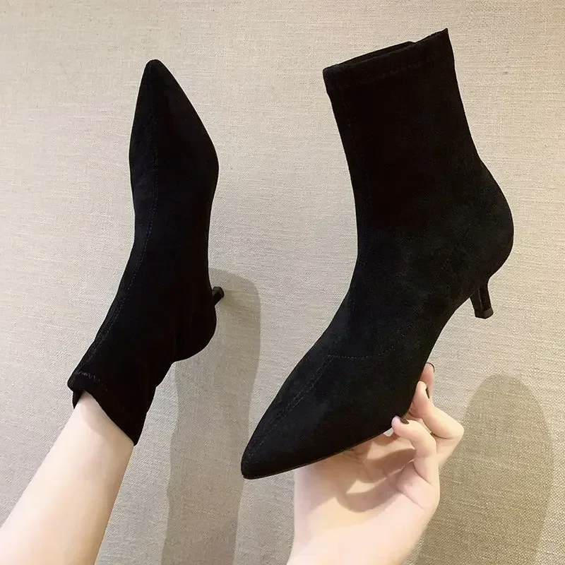 5/7/9CM Luxury Women Black Flock Sock Boots Stiletto Thin High Heels Elastic Knitting Boots Winter Stretch Fabric Ankle Boots