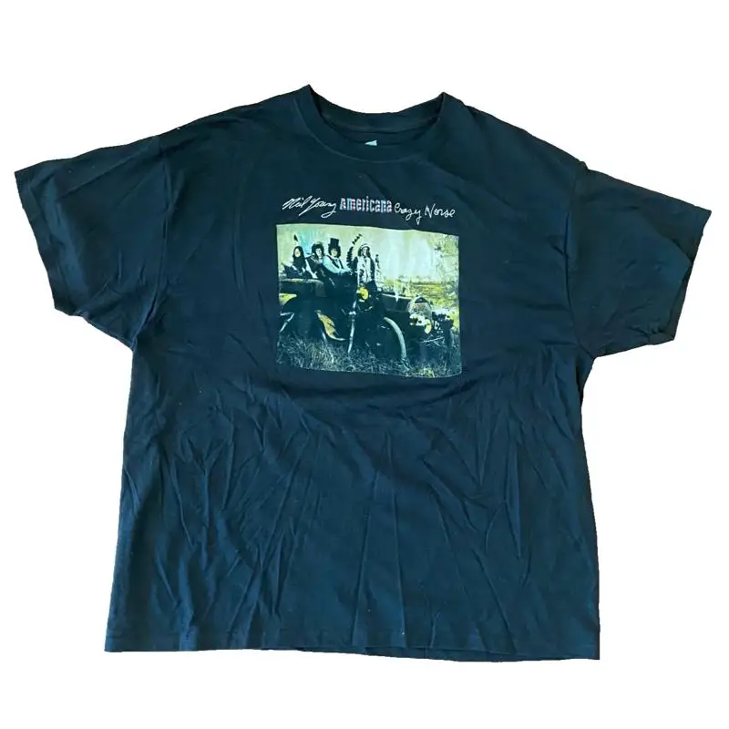 نيل يونغ كريزي هورس أمريكانا تي شيرت الكبار XL حفلة موسيقية روك الشعبية ميرش الأسود