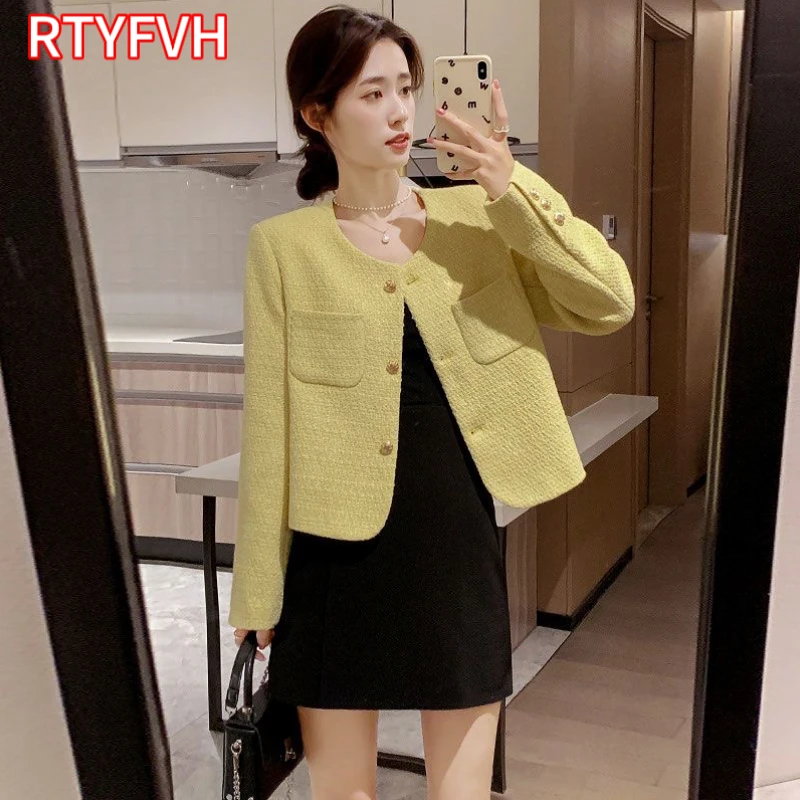 

Spring 2024 South korea Coat Women Chic Age-Reducing Graceful Sround Collar Pocket Decoration Long sleeve Tweed Jacket