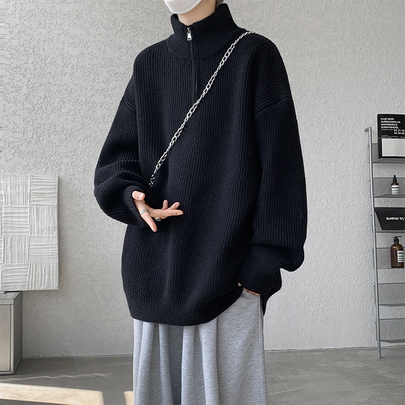2025 Autumn Winter Commuting Style Gray Half-Zip Simple Sweater Men's Loose Stand Collar Black White Knitted Cardigan