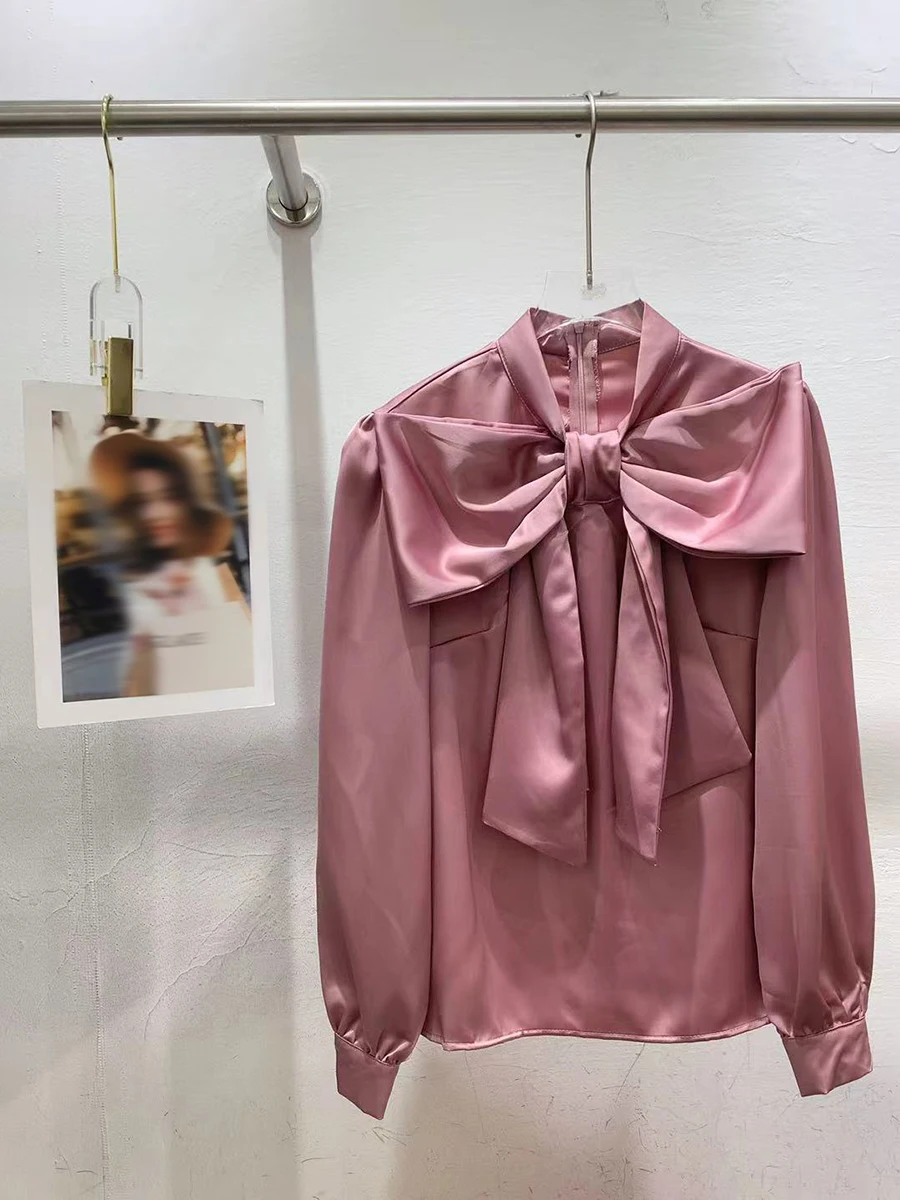 GALCAUR однотонная шикарная рубашка с бантом, женская рубашка с воротником-стойкой и длинным рукавом, свободные французские элегантные женские рубашки, осенний модный стиль