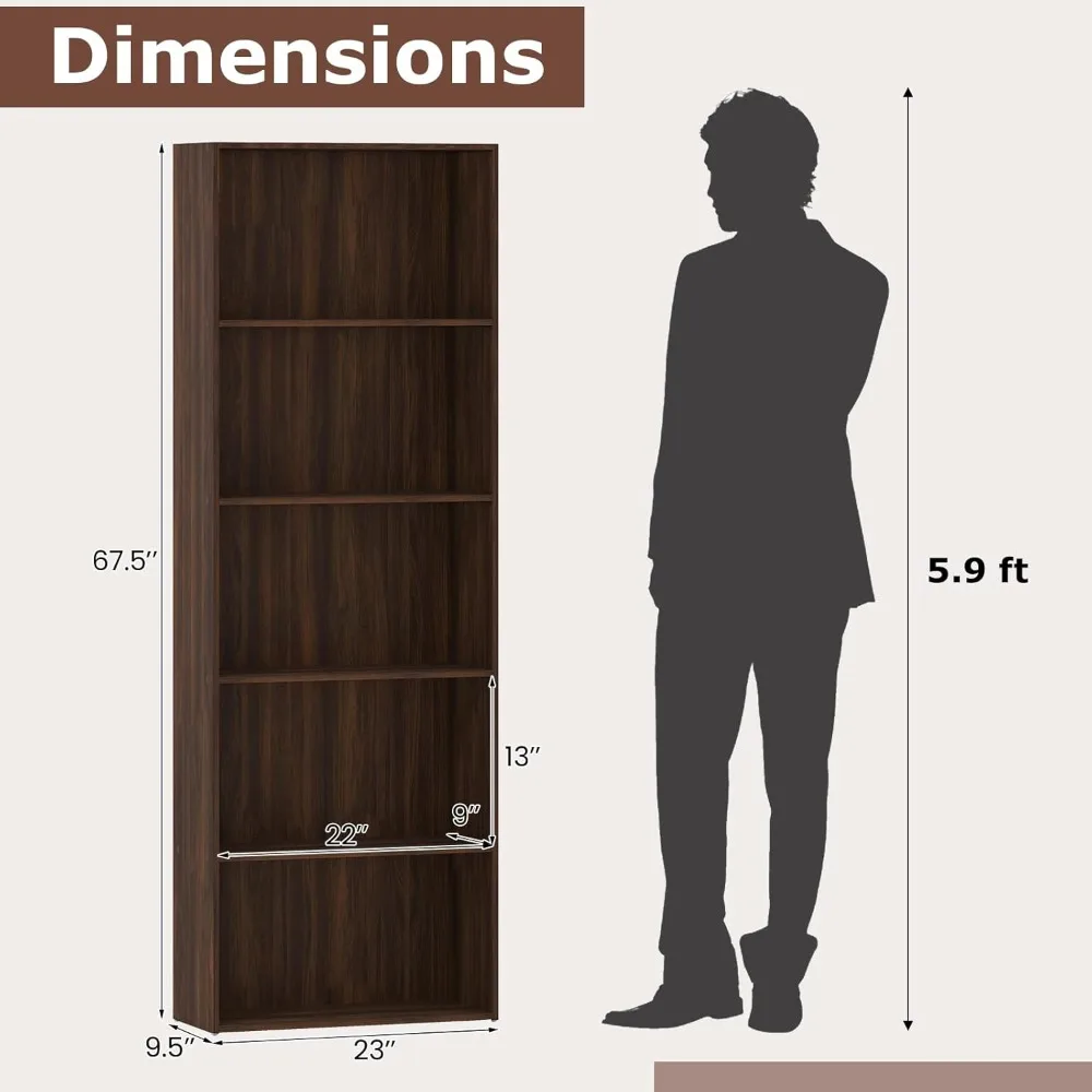 مجموعة خزائن كتب طويلة مكونة من 5 طبقات، أرفف خشبية قائمة على الأرض، ألواح سميكة، مضادة للرشح، حلول تخزين مفتوحة #3