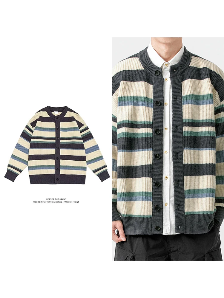 

American Retro Striped Open Cardigan Sweater Loose Men's Autumn Outerwear Trendy Cuff Youthful Sle Long Sve round Ne