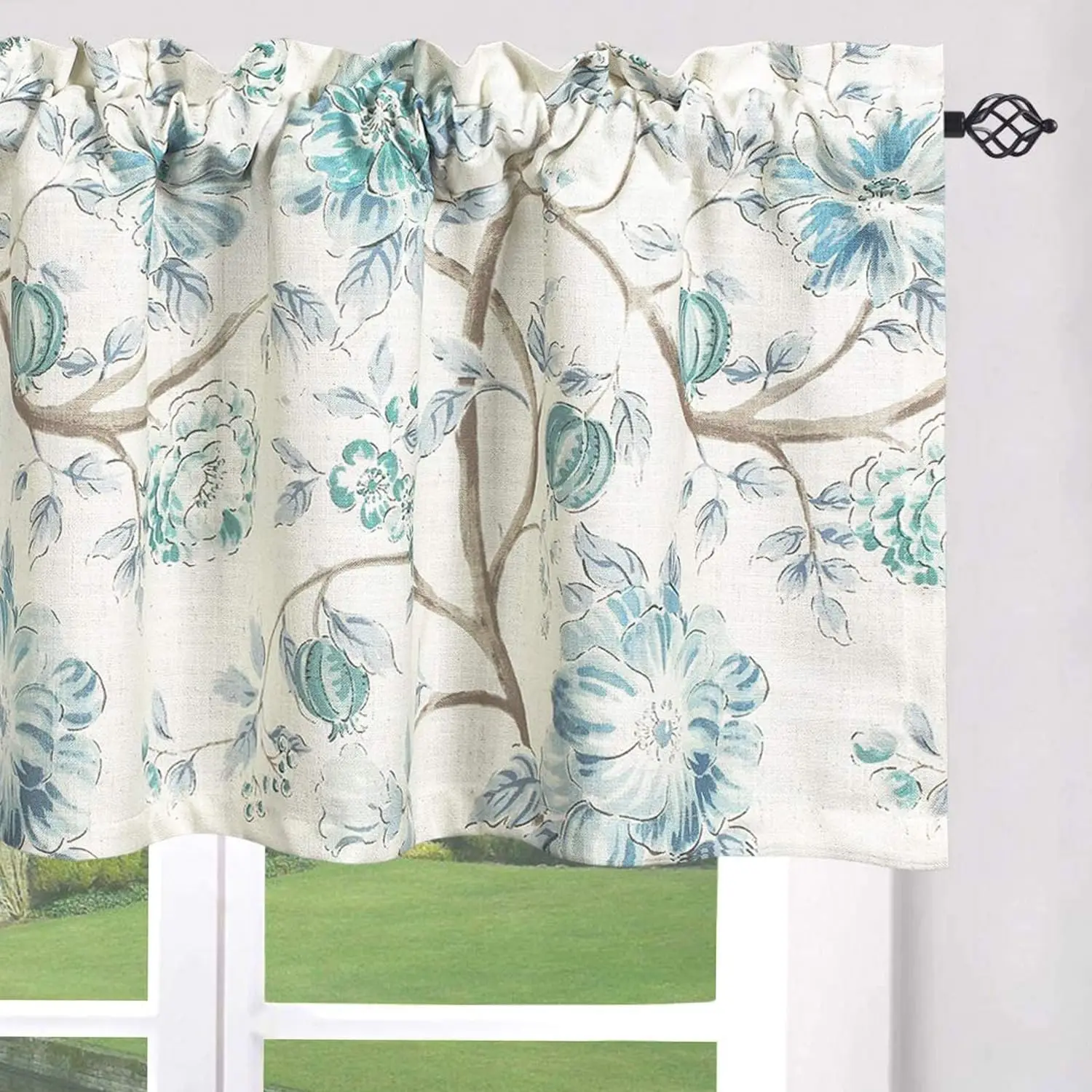 Blue Watercolor Floral Branch Valance Curtain 1 Panel Linen Textured Rod Pocket Light Filtering Window Decor