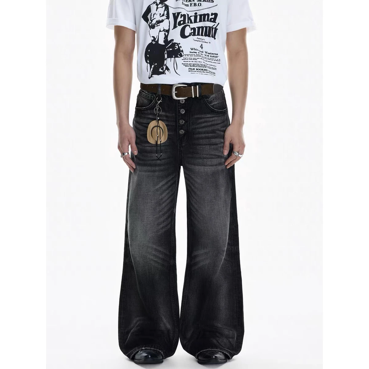 Calça Jeans Unissex Estilo Americano Retrô com Botões e Perna Reta, Casual, Solta, Perna Larga, Calça Longa da Moda