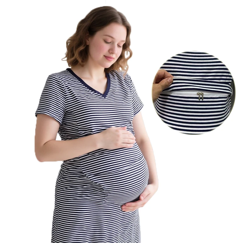 

Large Size Summer Maternity Dress Loose Breastfeeding Dress Stripe V-neck Short Sleeve Nursing Dress for Pregnant Women ﻿