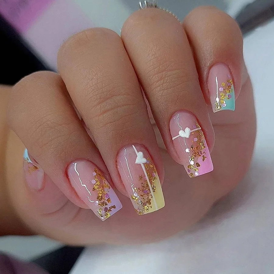 24 Pcs Multi-color French Cute Fashion Fake Nails Sets Medium Girls Stick on Nails Set Square Press on Acrylic Nails with Charms