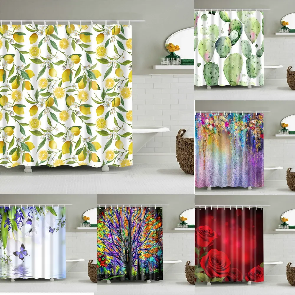 

Leaf Plant Hand Painted Landscape Cactus Tree Print Waterproof Shower Curtain Bathtub Home Decor With Hook cortina de la ducha