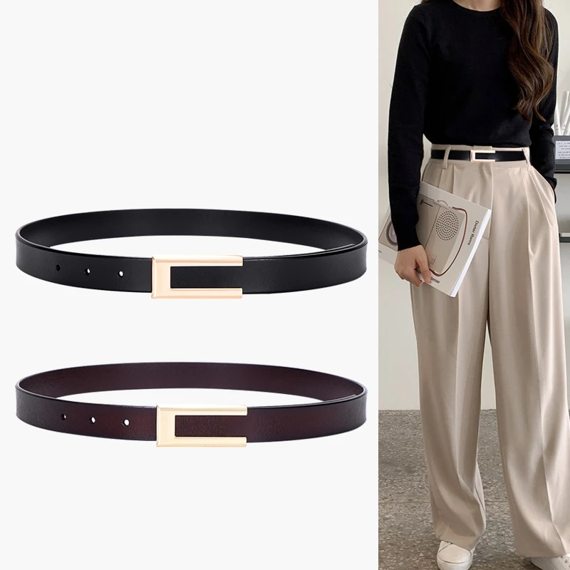 

Womens Genuine Leather Belt Skinny Waist Belt for Dresses Jeans Pants with Gold Buckle