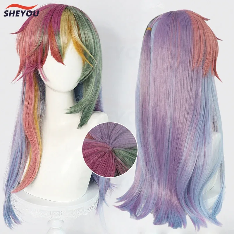 

New! Rainbow Dash Cosplay Wigs Anime Pony Long Multi Color Heat Resistant Synthetic Hair Halloween Anime Party Wig + Wig Cap