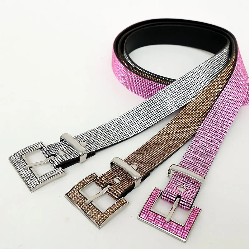 Shiny Women Rhinestone Belt Fashion Pink Denim Belts Ladies Designer Luxury Waistband  Party Clothing Accessories Belts