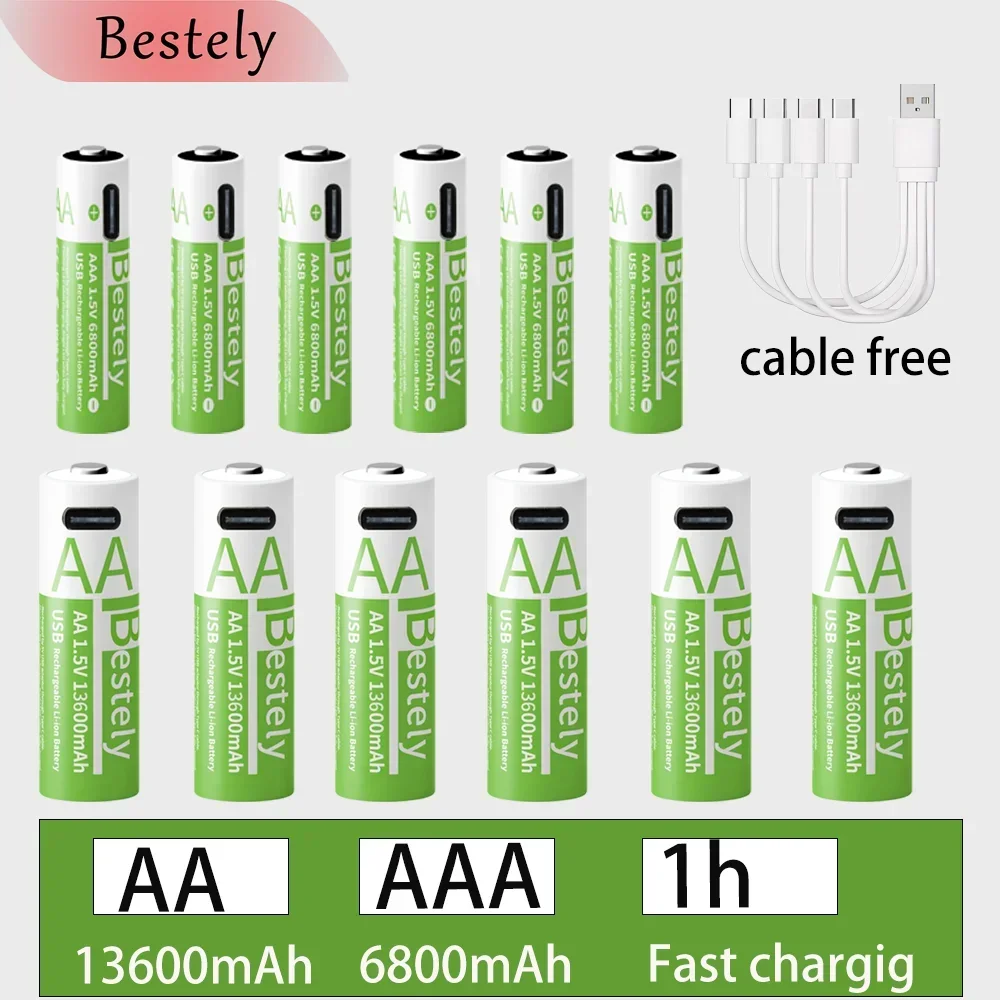 New 1.5V AA 13600mAh+AAA 6800mAh Lithium Rechargeable Battery, USB Fast Charging Li-ion Battery, 2000 Cycles with USB-C Cable