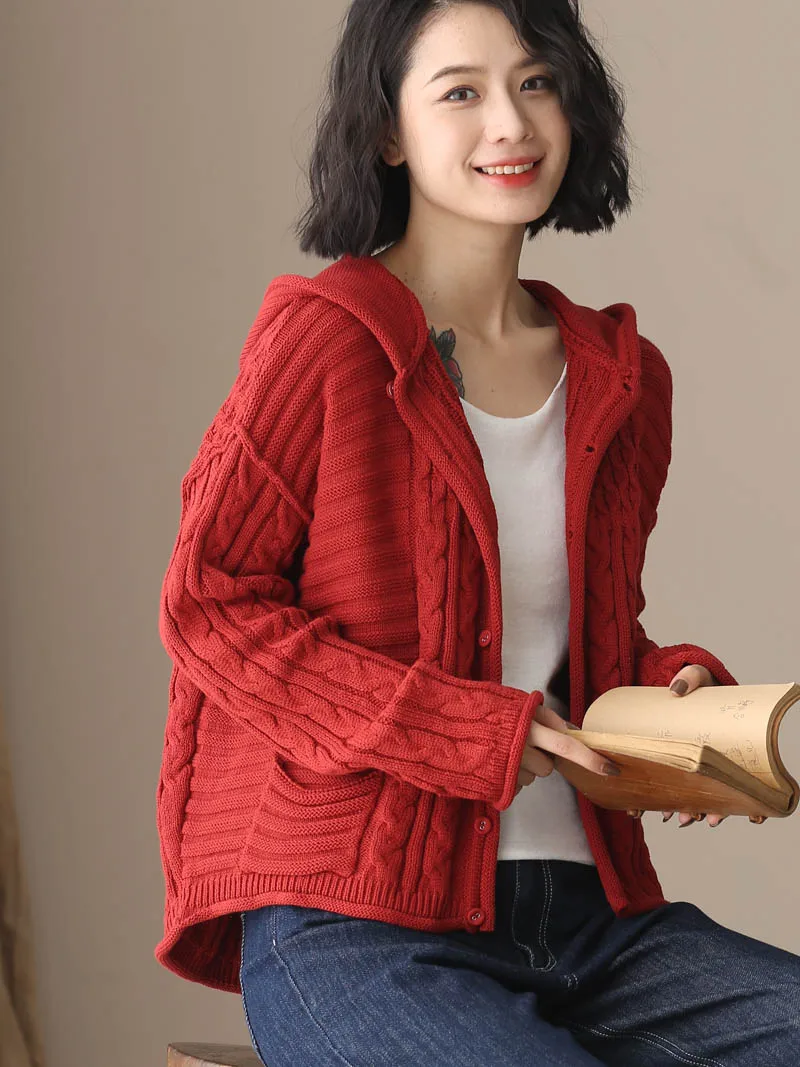 

Вязаный открытый кардиган из чистого хлопка с капюшоном, женский длинный свитер Sve Spring Faion на одной пуговице, Jaet, свободный крой, для поездок на работу, слэ