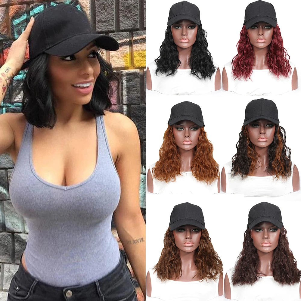 Baseball Cap Short Wig Curly Synthetic Baseball cap Hair Wig Natural Black Knit Hat Wigs Naturally Synthetic Adjustable