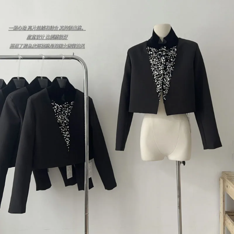 Black Patchwork Diamond Sexy Short Women's Jacket Temperament Vintage Long Sleeves And High Neck Short Coat Fashion Thick Coat