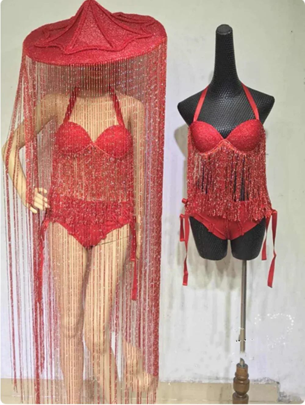 New Tassel Hat Stage Costume Nightclub Singer Dancer Performance Rave Clothes Female Fringe Biniki Gogo Jazz Dancing Wear ﻿