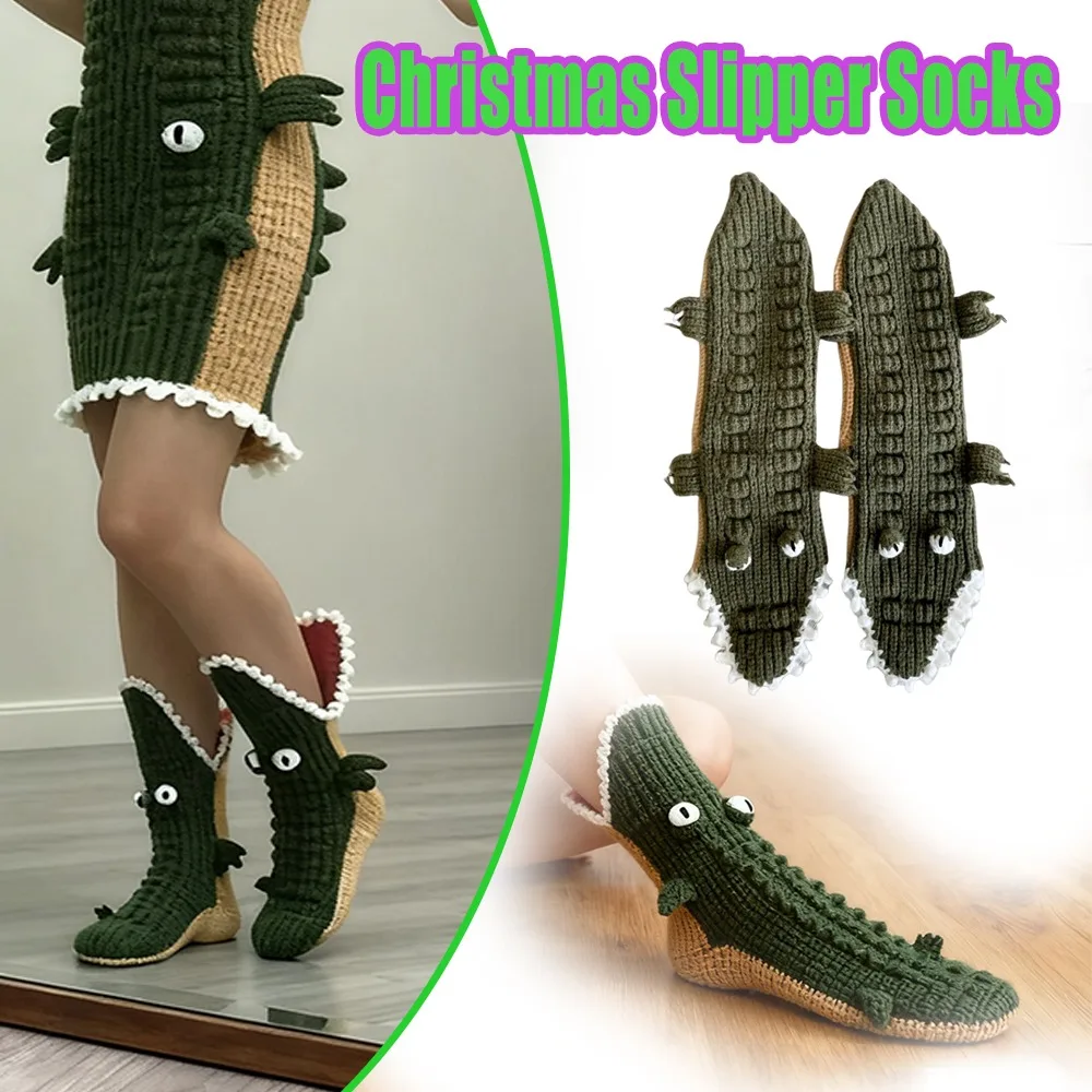 

Christmas Knitted Slipper Socks with Crocodile Animal Print Big Eyes for Home Floor Mid Calf Wool Yarn Men Women New Style Warm