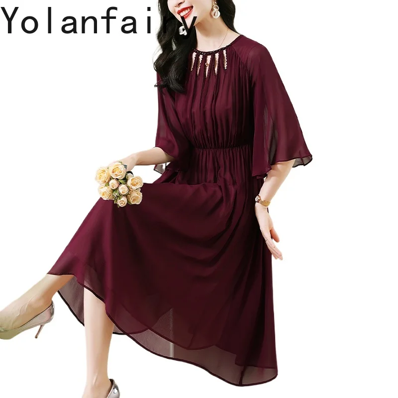 YOLANFAIRY 100% فستان حريري التوت الحقيقي للنساء الصيف أنيقة Cinched الخصر فستان سهرة ملابس امرأة فساتين كم مضيئة