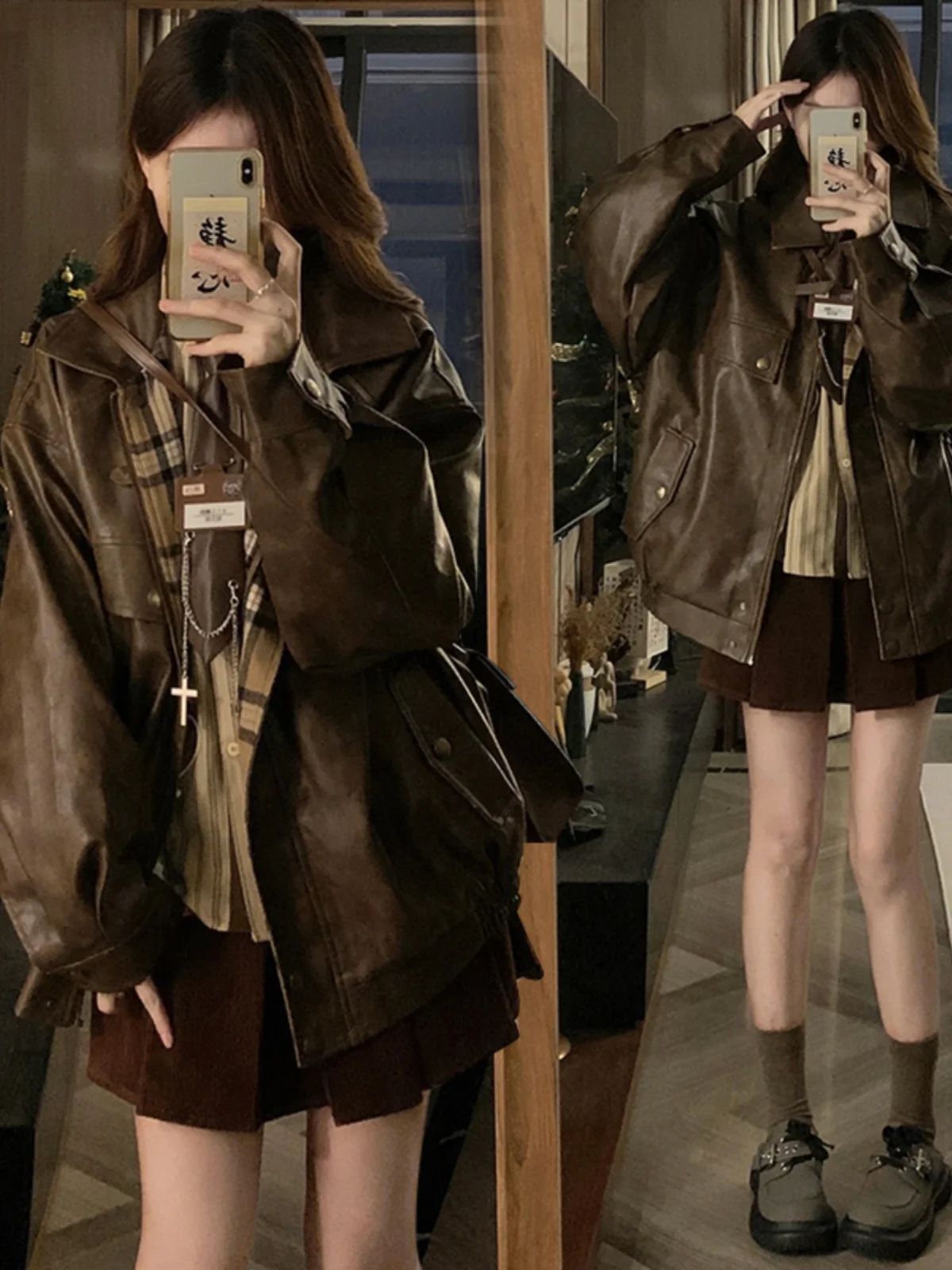 เสื้อแจ็คเก็ตหนัง PU ลายสก็อตแบบสองด้าน สไตล์หลวมสำหรับผู้หญิง ขี่มอเตอร์ไซค์ แฟชั่นใหม่ ฤดูใบไม้ผลิ ฤดูใบไม้ร่วง แบรนด์แฟชั่น สำหรับคู่รัก เสื้อคลุม