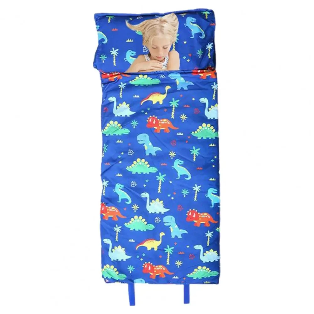 Toddler Sleeping Bag Soft Washable Toddler Nap Mats with Removable Pillow Cartoon Print Design Sleeping Bags for Kids Rollup