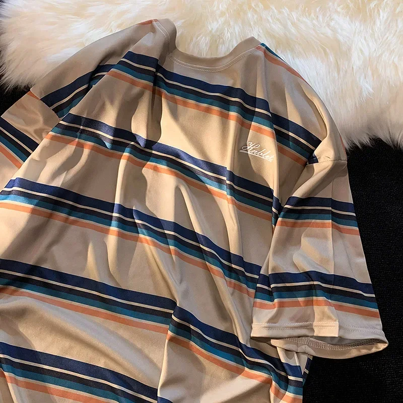 

Pop Japanese Vintage Striped Half-Sleeve T-shirt For Men Summer Korean Style High Street INSTRENDY Brand Casual Loose-Fit BF Fiv