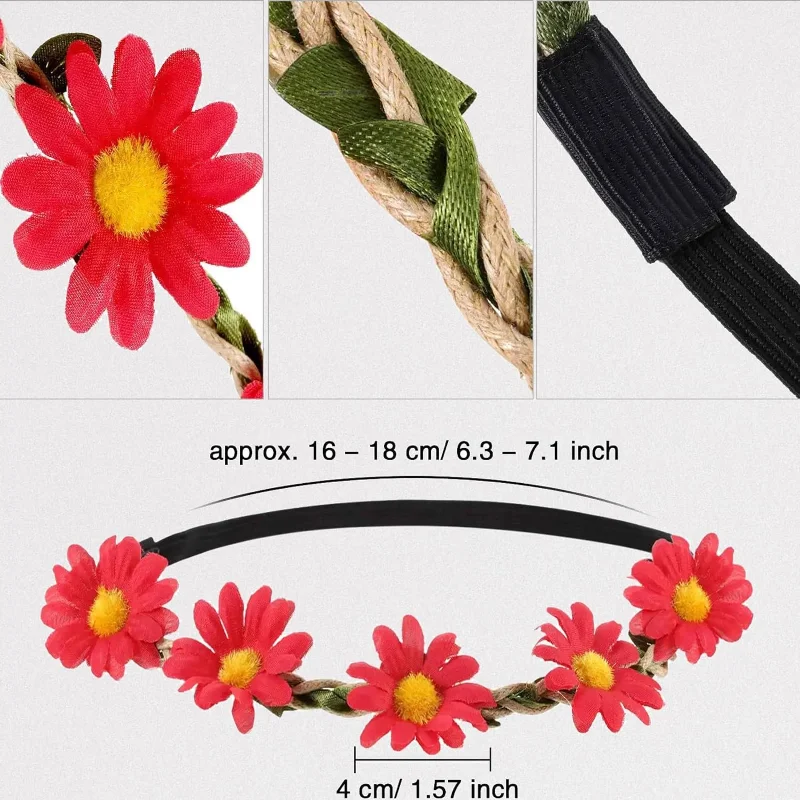 16Pcs Multicolor Daisy Flower Headband Flower Crown For Women Bohemian Elastic Headbands Hair Accessories Festival Party Wedding