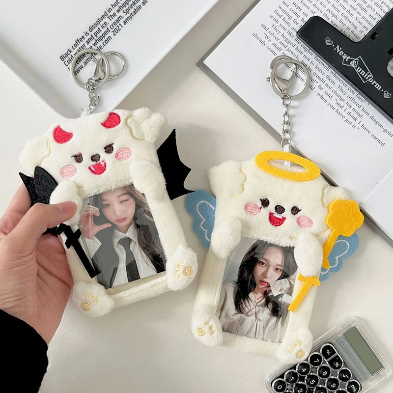 Angel Devil Puppy 3 Inch Kpop Photocard Holder Kawaii Plush ID Card Photo Display Holder Bag Korean School Stationery