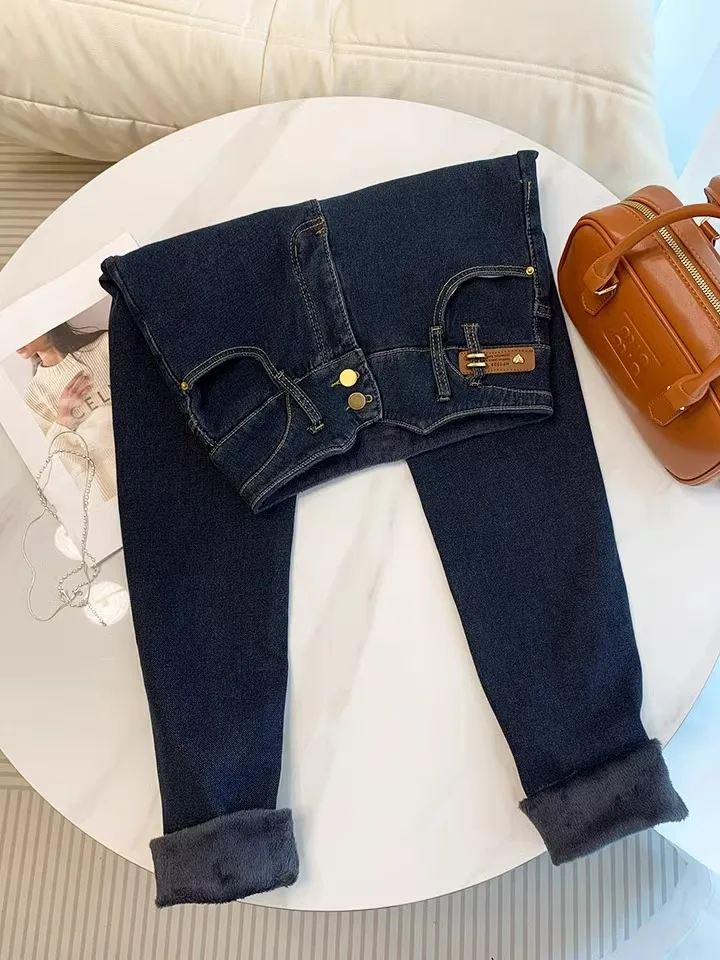 

Модные женские джинсы Slim Fit с флисовой подкладкой, расклешенные, с высокой талией, из плотного денима, на молнии, теплые зимние