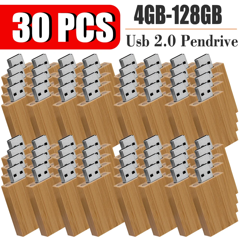 30pcs/lot Flash Drive Usb 2.0 Wooden + Box Pen Drive 4GB 8GB 16GB 32GB 64GB U Disk Free Custom Logo for Photography Wedding Gift