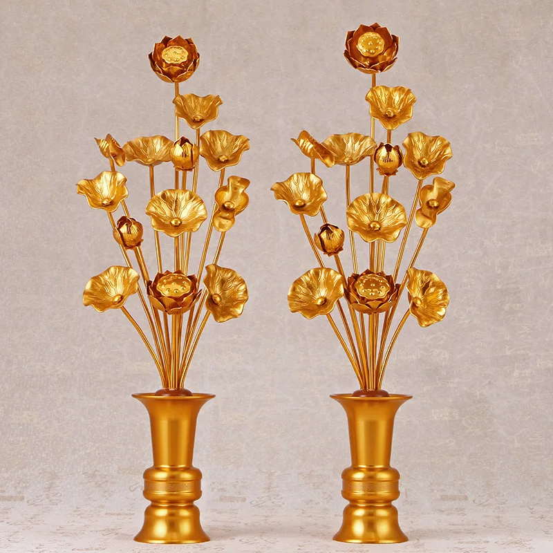 Buddha Temple Decor Zinc Alloy Gilt Lotus Vase Hand Painted Creative Ornament Direct from Manufacturer