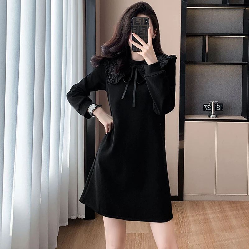 

Women Cotton Fleecing Dresses Female Bow Tie Doll Collar Long Sleeve Large Size S-3XL Elegant Autumn ​Winter Black Mini Vestidos