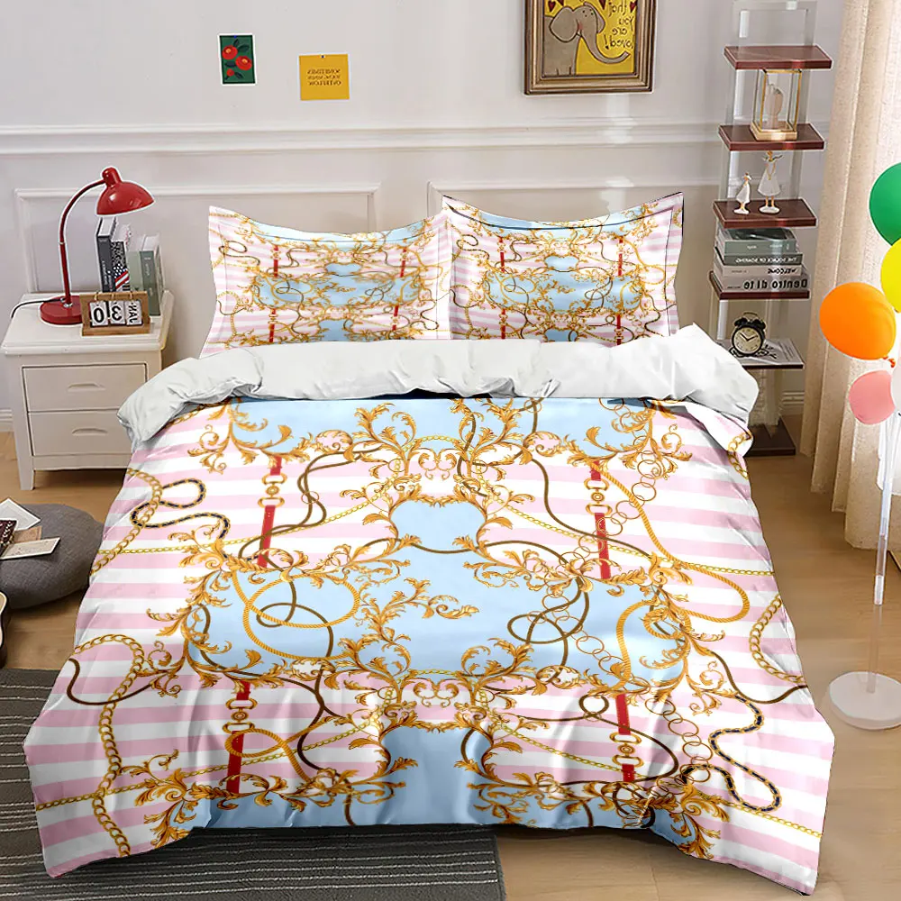 

Ornate gold patterns with stripe print Duvet Cover Set with 3D Printing Design Soft Polyester Bedding Set All-Season Comfort