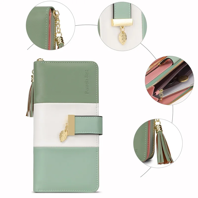 محفظة Pomelo Best للسيدات مزودة بتقنية تحديد الهوية بموجات الراديو من الجلد الطبيعي ومتعددة الائتمان بسعة كبيرة وسحاب حول القابض ومحفظة السفر