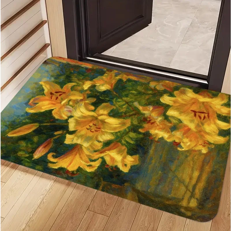Impressionist Art Yellow Lilies Print Doormat Soft Non-Slip Entrance Rug Vintage Oil Painting Style Floral Carpet for Entryway